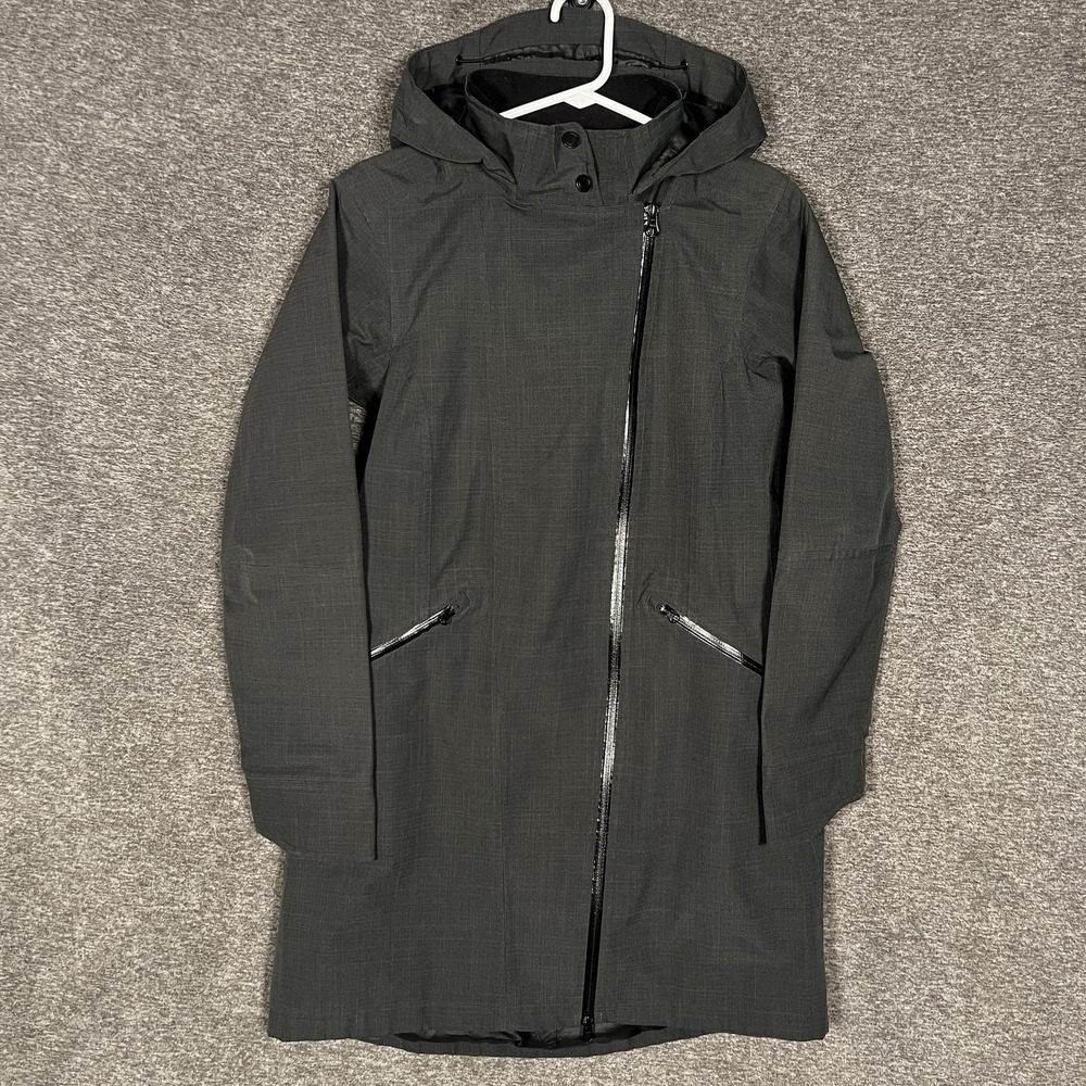 Athleta Rain Coat Womens Small Gray Hooded Softshell Asymmetrical Zip Mid Length